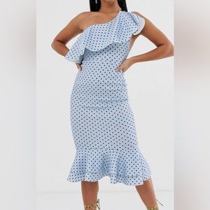ASOS DESIGN Petite Ruffle One Shoulder Midi Dress with Polka Dots